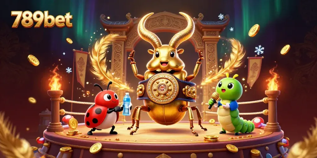 Engage and win with 789bet in a vibrant 3D casino scene featuring a boxing beetle champion.