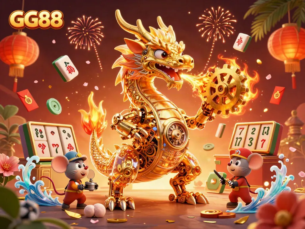 Play and win at GG88 with an exciting 3D illustration showcasing vibrant slots and casino elements.