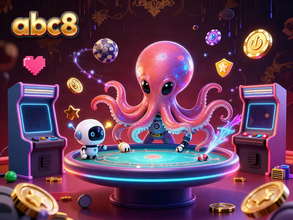 Engage in thrilling poker action with the abc8 alien octopus at a holographic table in a dynamic casino environment.