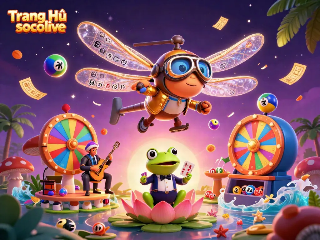 Engage with the vibrant energy of Trang Chủ socolive where a dragonfly pilot and frog croupier entertain amidst casino excitement.