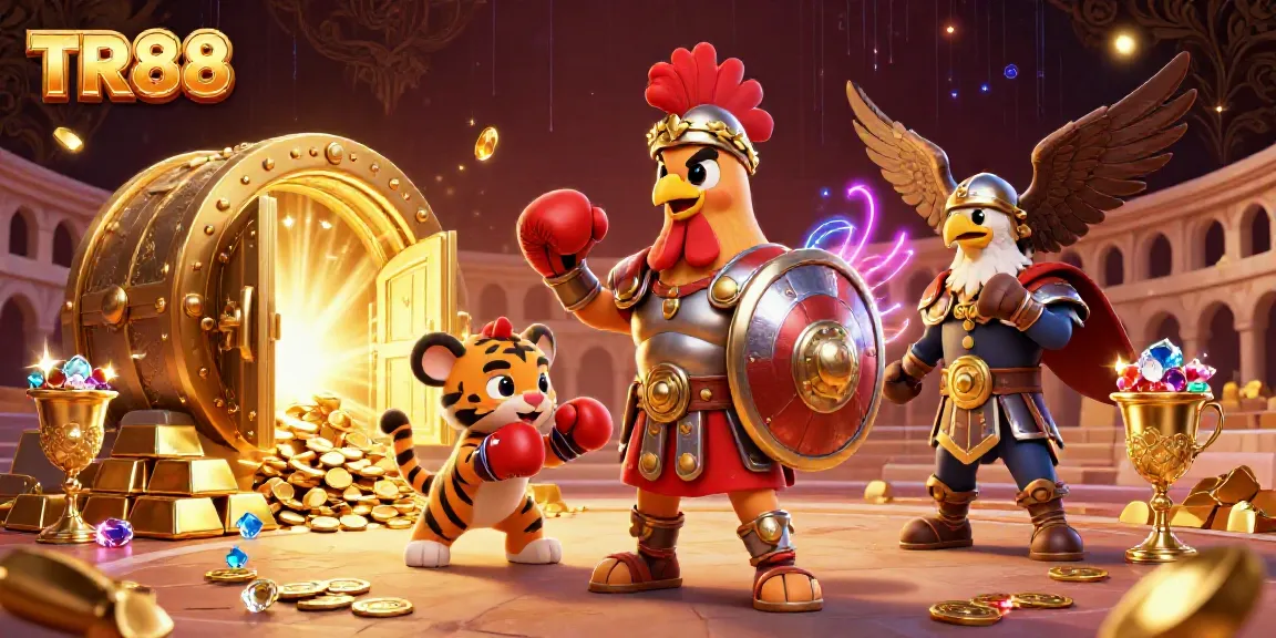 Engage with TR88 in a vibrant casino arena filled with treasures and colorful characters