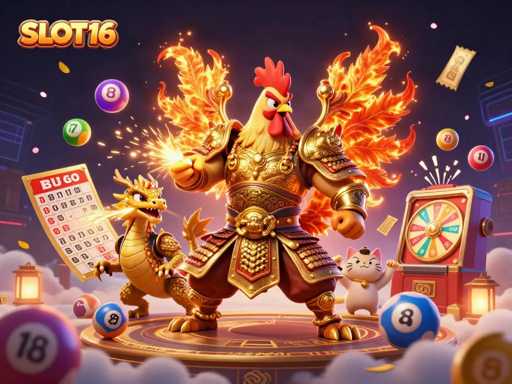SLOT16 dynamic scene featuring a samurai rooster, dragon, and lottery elements for an engaging experience.