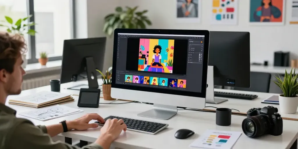 How to use an AI image to video generator in a modern workspace with vibrant visuals and design tools.