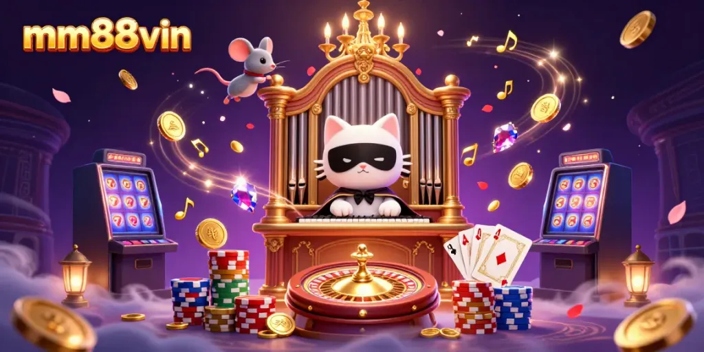 Experience the excitement of gaming with mm88vin featuring a casino-themed 3D illustration.