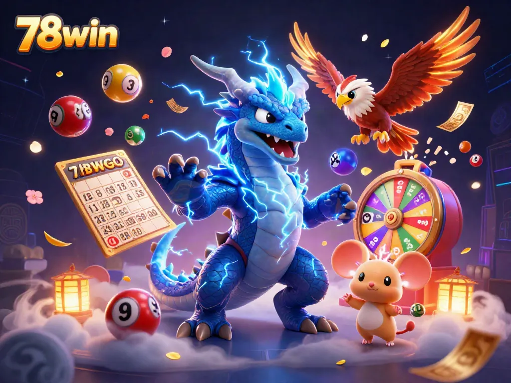 Engage in exhilarating lottery action with 78win's dynamic jackpot scene featuring a thunder dragon and exciting game elements.
