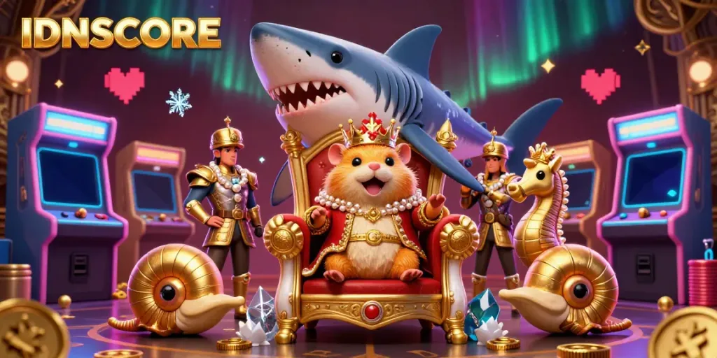 Engage with IDNSCORE, where a golden hamster king rules from a megalodon throne amidst vibrant casino game elements.