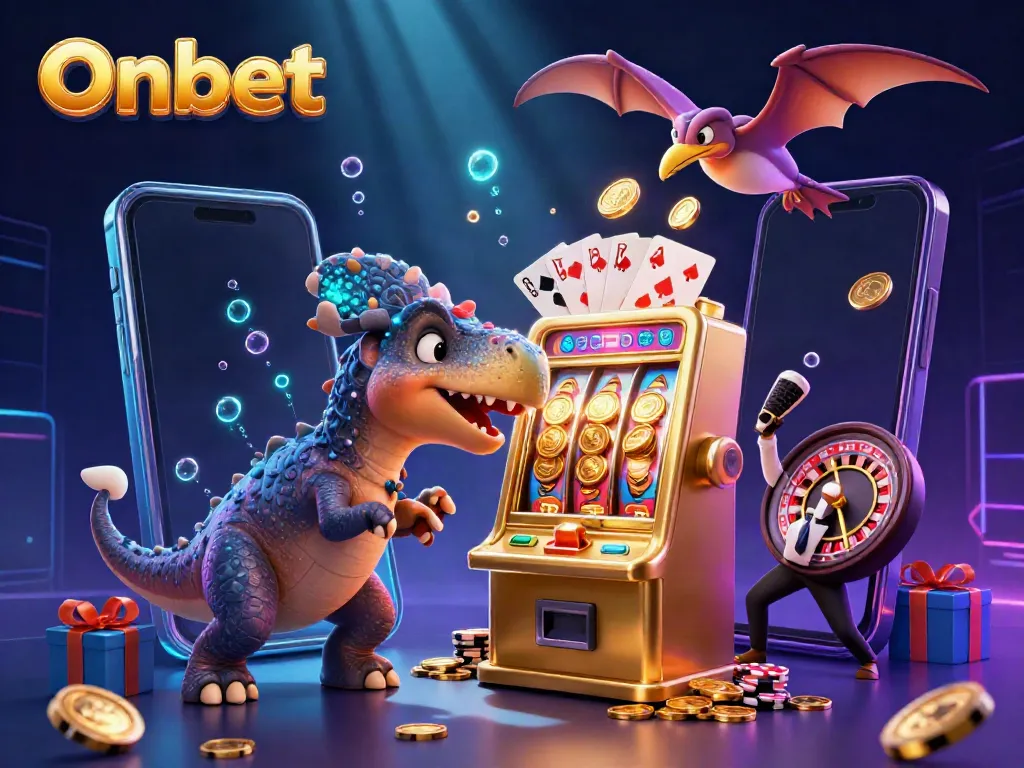 Onbet showcases an energetic scene of a cartoon pachycephalosaurus winning jackpot coins from a golden slot machine.