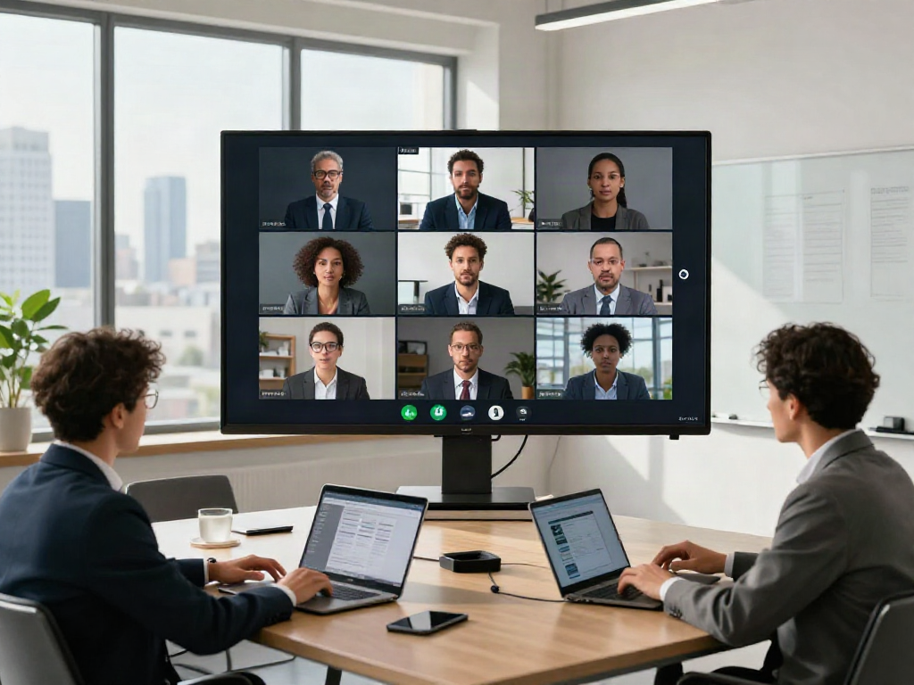 Deepfake-protected meetings with diverse professionals engaged in virtual collaboration.