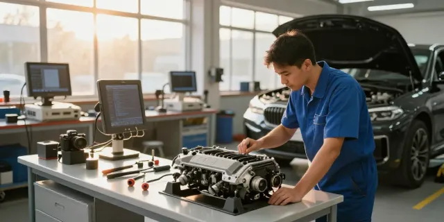 BMW werkstatt hannover with skilled technician inspecting engine in modern workshop.