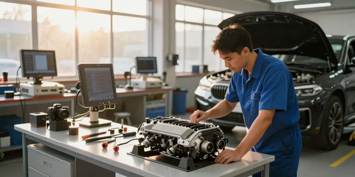 BMW werkstatt hannover with skilled technician inspecting engine in modern workshop.