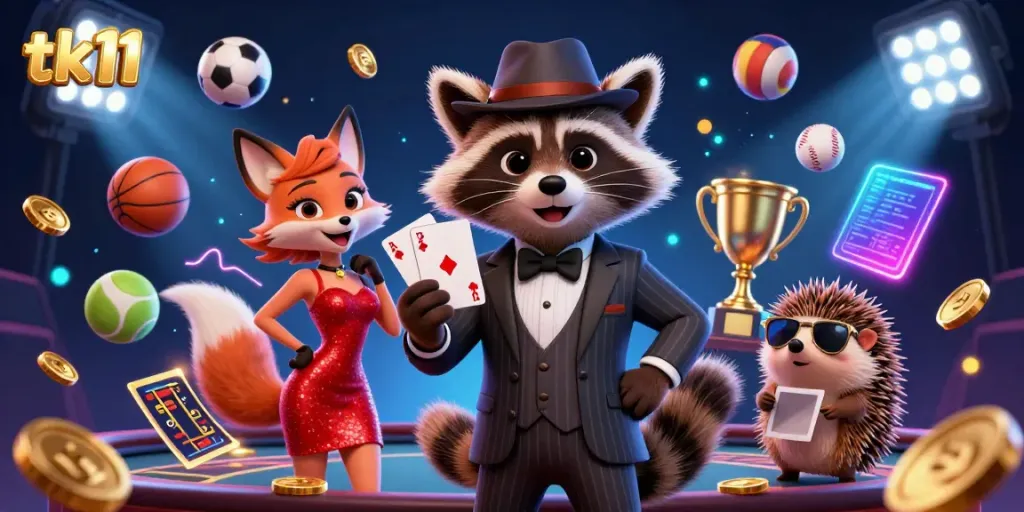 Experience the thrill of tk11 with a raccoon holding a royal flush amidst an energetic casino atmosphere.