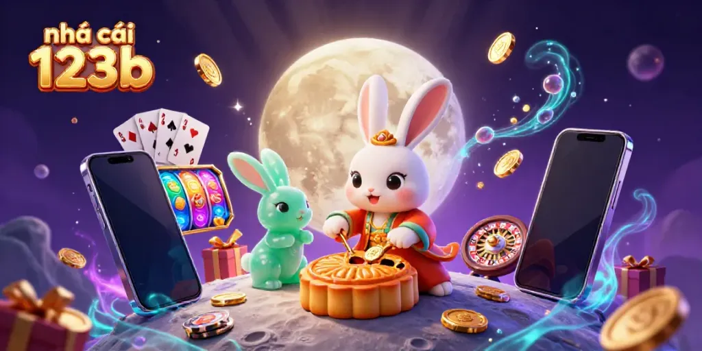 Experience the excitement of nhà cái 123b gaming as a moon rabbit unveils poker chips from mooncakes surrounded by casino elements.