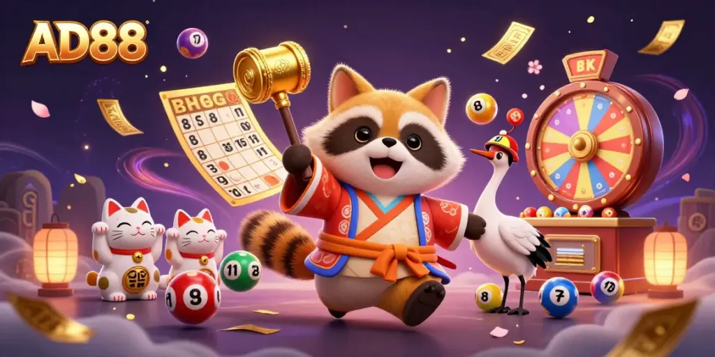 Experience the vibrant gaming world of AD88 with cheerful characters and dynamic lottery elements.