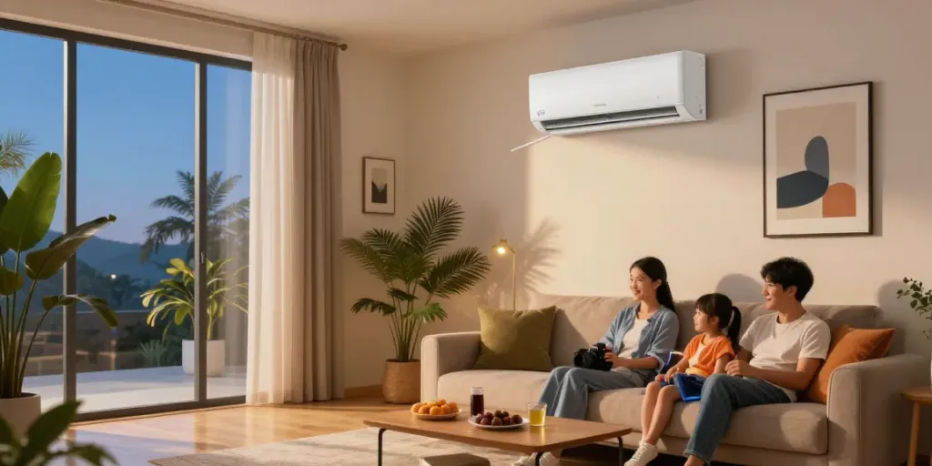 Stylish mini split of air conditioner in a cozy living room with family enjoying a movie night.