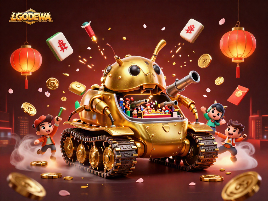 Experience the dynamic LGODEWA casino adventure with animated golden beetle tank gameplay and festive decorations.