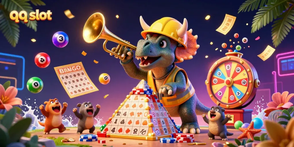 Experience thrilling qq slot action in a vibrant 3D scene with celebrating characters and dynamic gaming elements.