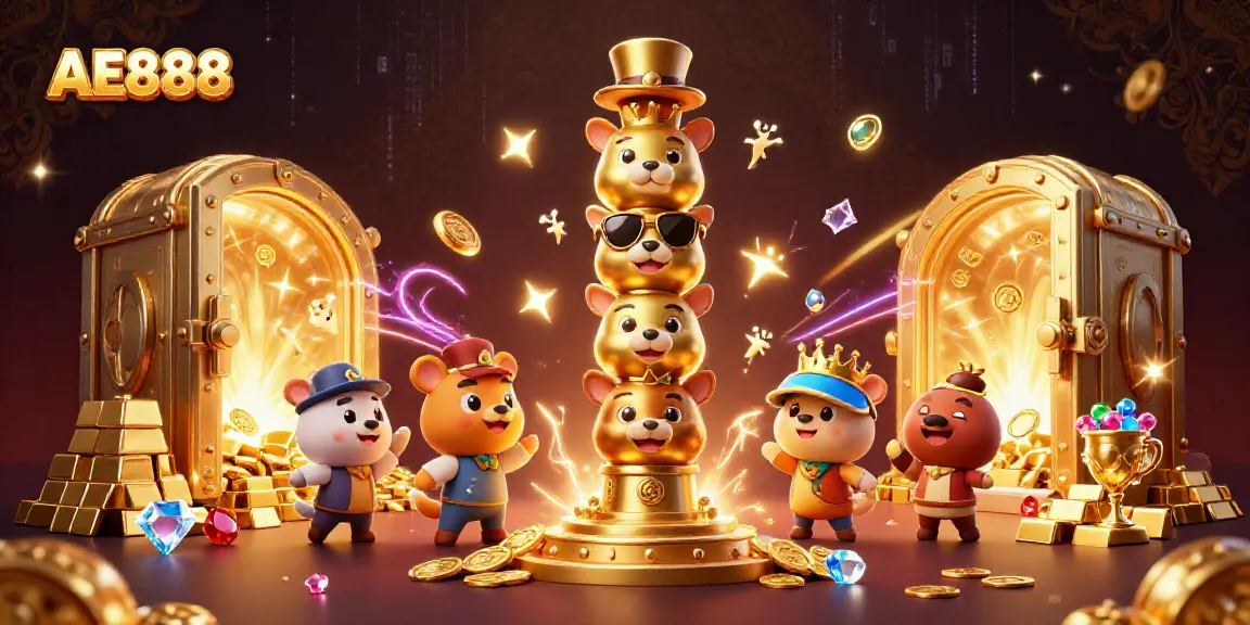 Experience the excitement of AE888 with vibrant 3D casino elements and golden treasures.