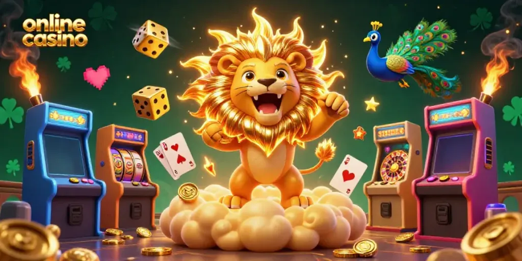 Engage with the best online casino featuring a vibrant sun lion, slot reels, and a comet-tail peacock.