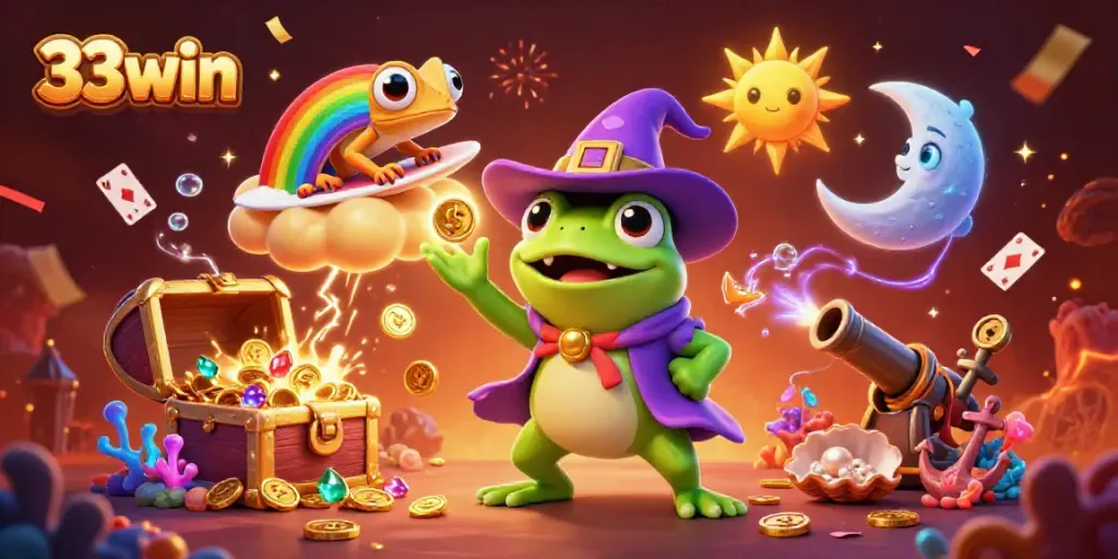 Win big with 33win in an exciting casino adventure filled with golden coins and vibrant characters.