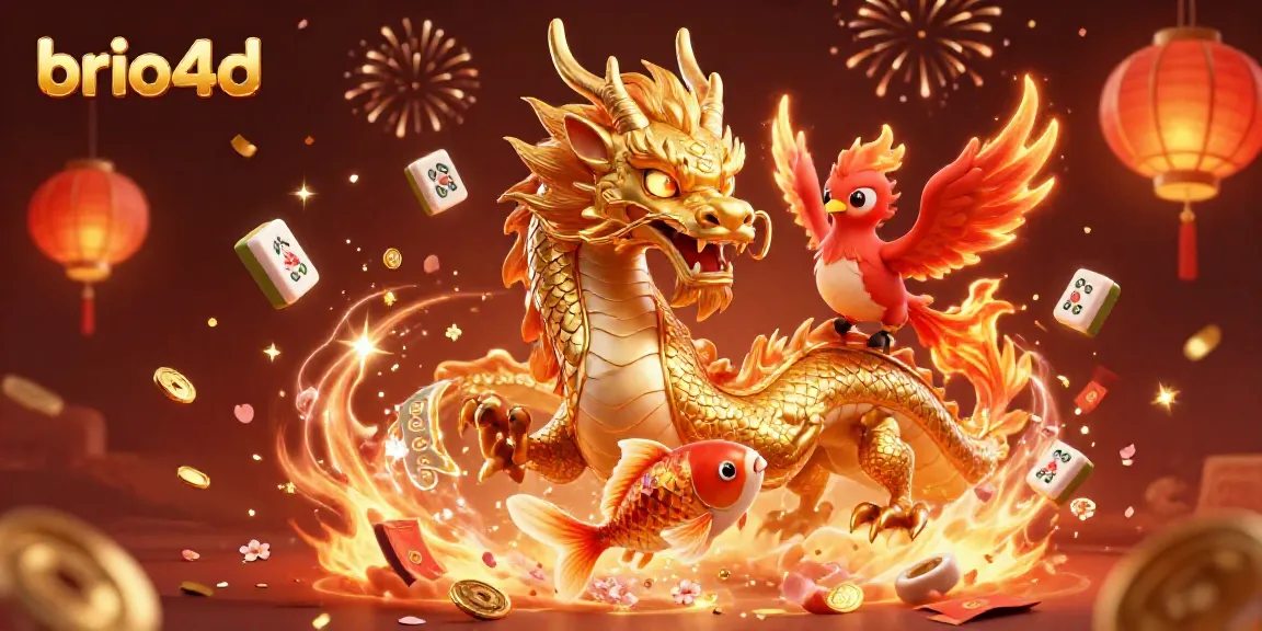 Experience dynamic gaming with brio4d, showcasing a golden dragon, phoenix, and koi fish in a vibrant casino scene.